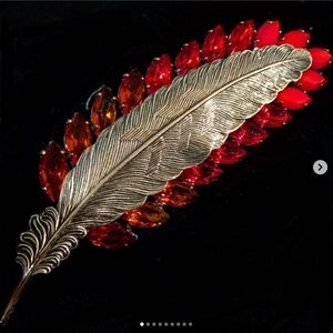 Danny Pollak Red Marquise Swarovski Crystal Feather Hair Clip in Antique Gold